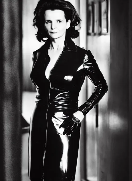 Prompt: head to shoulder portrait Juliette Binoche wearing black latex coat in a bar. In the syle of a film noir movie.