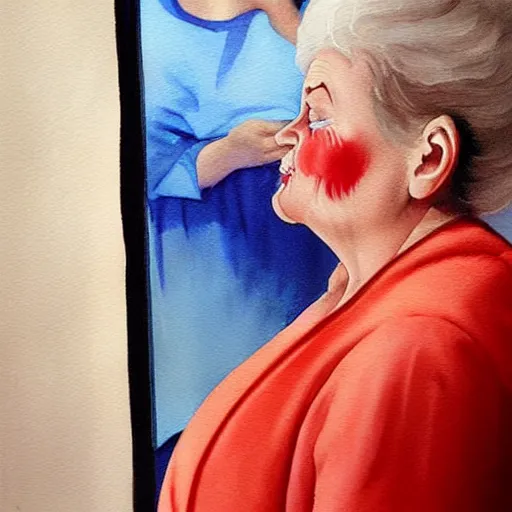 Image similar to a very funny stylize oil painting in modern style of a sweet fat old woman kissing her reflection. symmetry face, red mouth, blue eyes. flowery dress. hyper realistic scene. 3 d, octane render, deep focus, white scene. very funny and sweet image. unreal engine. watercolor. fellini style. klee style.