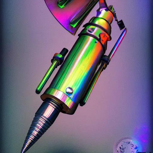 Image similar to unstable exotic matter powered raygun, well defined mechanical features, triadic chrome shading, iridescent liquid energy tank, dark background, softglow, vintage style