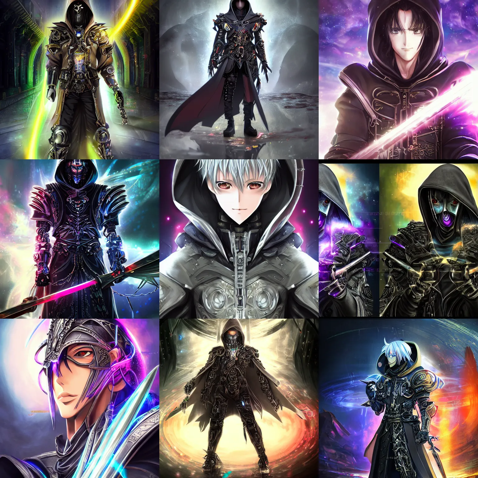 Prompt: 2.5D CGI anime fantasy portrait artwork of a hooded intricate cybernetic sorcerer warrior character with high quality glistening beautiful colors, rich moody atmosphere, reflections, specular highlights, omnipotent, megastructure realistic detailed background, brandishing iridescent cosmic weapons, colourful 3D crystals and gems, dark ominous clothing, gritty realistic smoke, portrait in the style of Makoto Shinkai and Greg Rutkowski