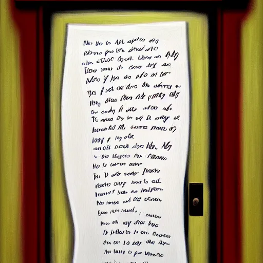 Prompt: a painting of some written notes that is also a door, trending on artstation, detailed digital art, aesthetic!!!!,