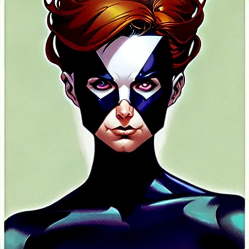 Prompt: artgerm, joshua middleton comic cover art, pretty domino marvel comics sarah michelle gellar, white skin, asymmetrical black spot covering left eye only, no spot right eye, symmetrical eyes, symmetrical face