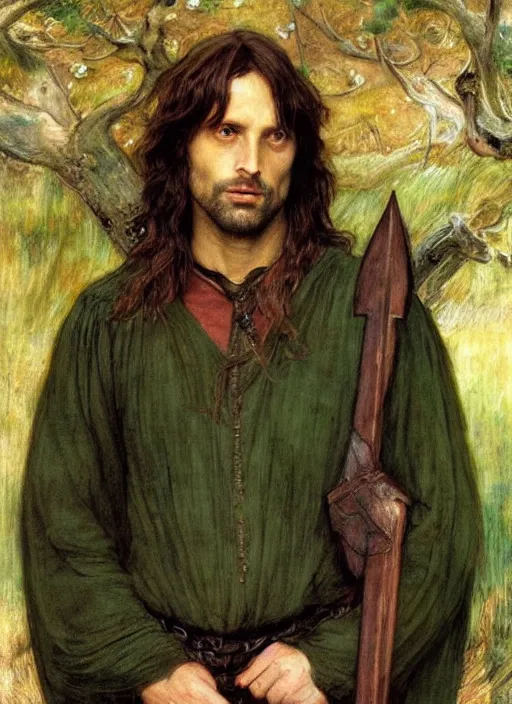 Image similar to a beautiful painting of aragorn by John Everett Millais and Dante Gabriel Rossetti and John Collier and john william waterhouse, pre-raphaelite, detailed, trending on artstation, hd, masterpiece