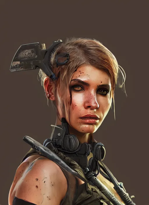 Image similar to A comic book style portrait painting of a stunning female SWAT post apocalyptic punk warrior in a wartorn landscape, unreal 5, DAZ, hyperrealistic, octane render, RPG portrait, ambient light, dynamic lighting