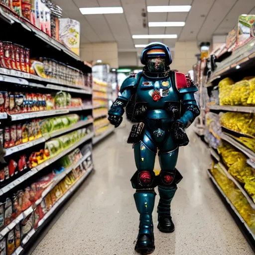 Prompt: a man wearing futuristic space marine armor walks into a grocery store, photography, movie still, dslr 5 5 mm, 4 k