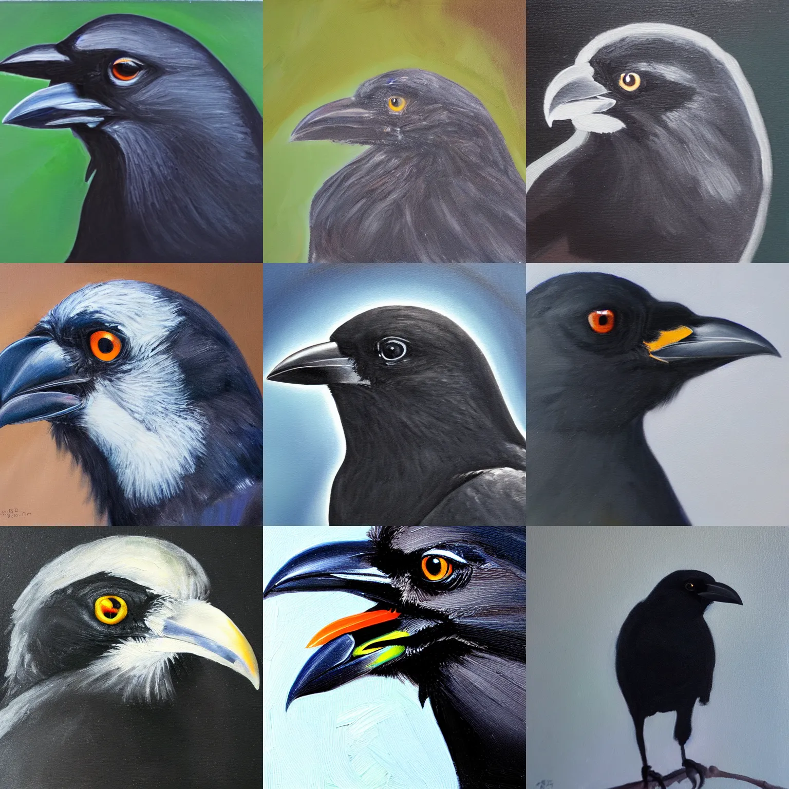 Image similar to closeup of a crow, oil paint