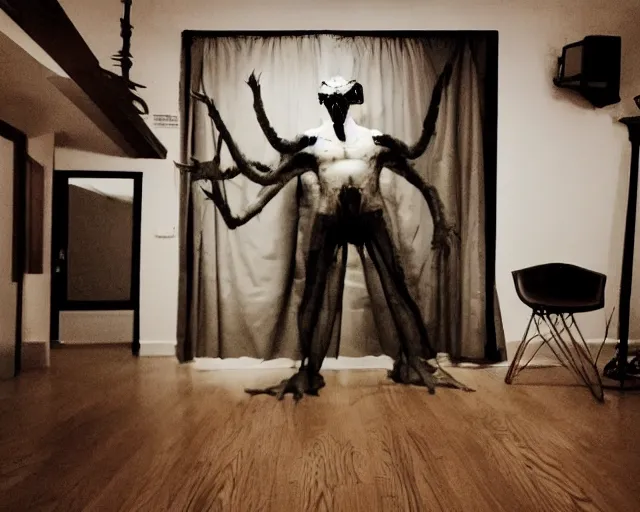 Image similar to transparent horror demon evil spirit attacks in living room with interior photos shot on iphone, dynamic pose, full body shot, sharp focus, grainy, corpse, paranormal flashlight, night, total darkness,