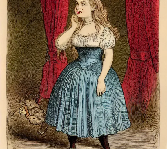 Image similar to Tenniel illustration portrait of Alice, walking in wonderland