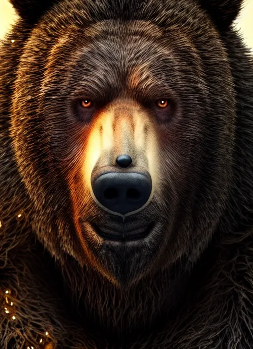 Prompt: portrait of a bear werewolf, brown and grey hair, golden eyes with a paw scar on his right cheek, dim volumetric lighting, 8k octane beautifully detailed render, post-processing, extremely hyperdetailed, intricate, epic composition, grim yet sparkling atmosphere, cinematic lighting + masterpiece, trending on artstation