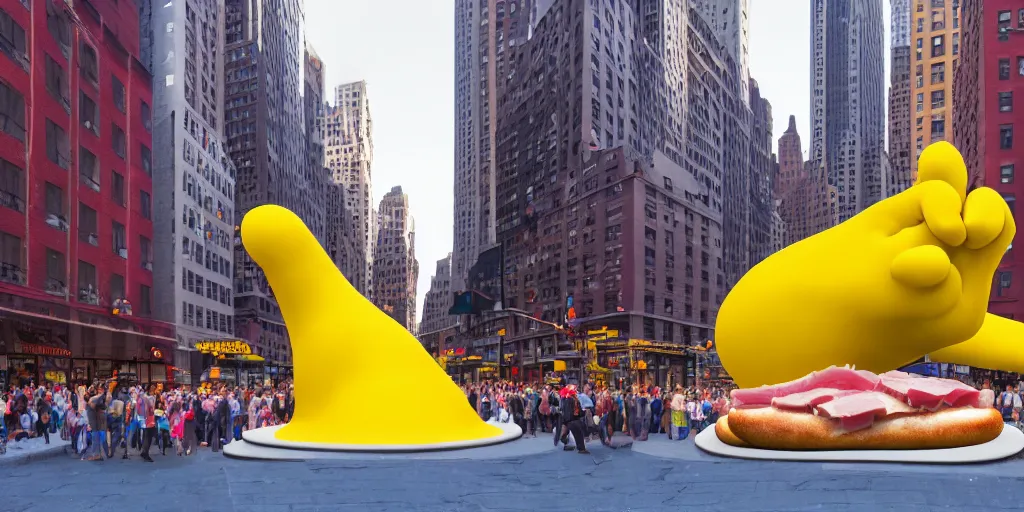 Prompt: a photograph of a giant ham and mustard sandwich sculpture in the center of a new york street, a large crowd have gathered, by Claes Oldenburg and jeff koons, reflections, pop art, 3D render, Volumetric dynamic lighting, Highly Detailed, Cinematic Lighting, Unreal Engine, 8k, HD