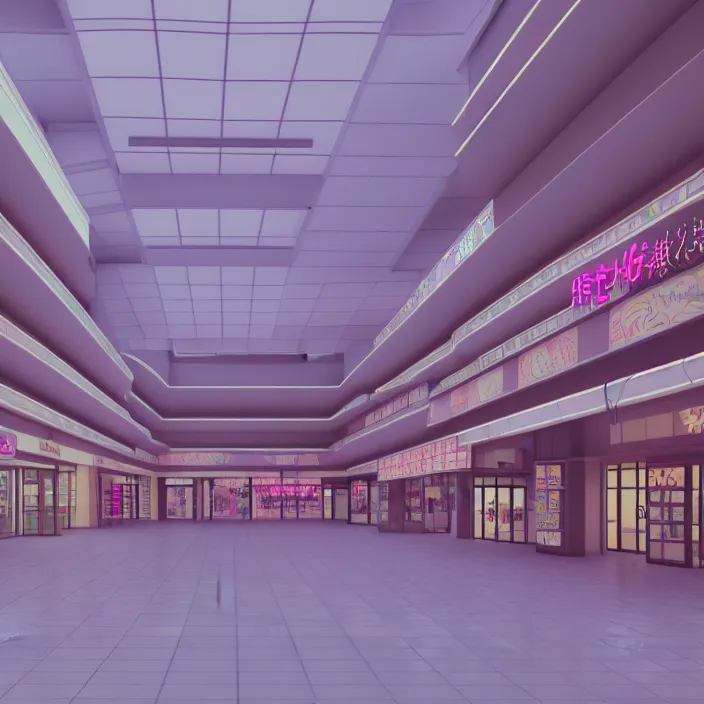 Image similar to vaporwave 7 0 s dreamy empty empty shopping mall, japanese style, highly detailed, 3 d render, vray, octane, realistic lighting, photorealistic