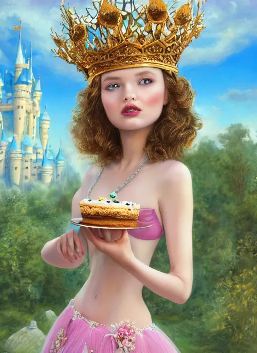 Image similar to closeup face profile portrait of a fairytale princess wearing a crown eating cakes in the castle, bikini, depth of field, zeiss lens, detailed, symmetrical, centered, fashion photoshoot, by nicoletta ceccoli, mark ryden, lostfish, breathtaking, 8 k resolution, extremely detailed, beautiful, establishing shot, artistic, hyperrealistic, octane render