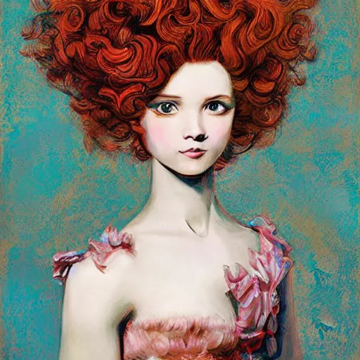 Prompt: girl with baroque hair art by james jean rococo