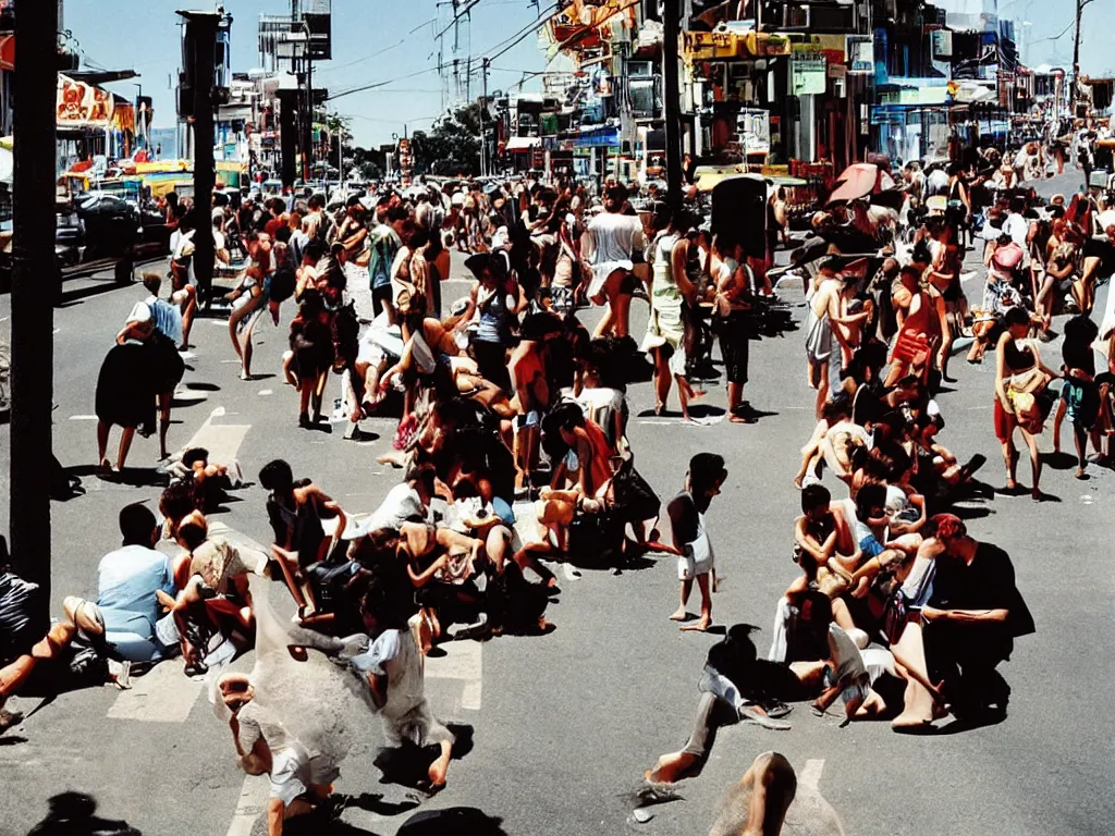 Image similar to color photography in a busy street in a heatwave, by trent parke and gruyaert