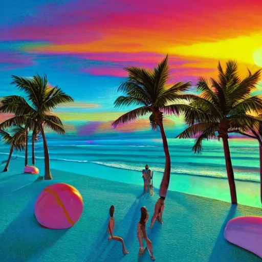 Image similar to miami beach. spring break. party hard. epic sunset. masterpiece. accidentally tripping on dmt and acid, psychedelic experience, overwhelming psychosis of self realization and burning awakening, ultra high definition, unreal engine 5, hyperrealism, masterpiece composition, by casey weldon, barclay shaw 8 k photorealistic