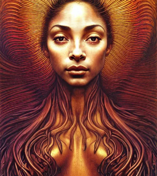 Image similar to detailed realistic beautiful young sade adu face portrait by jean delville, gustave dore and marco mazzoni, art nouveau, symbolist, visionary, baroque, intricate. horizontal symmetry by zdzisław beksinski, iris van herpen, raymond swanland and alphonse mucha. highly detailed, hyper - real, beautiful