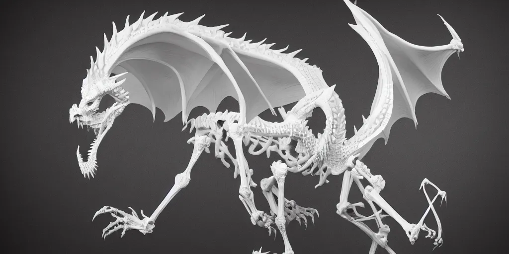 Image similar to white dragon skeleton, studio photography, 4 k, dark black background, studio lighting, harsh lighting