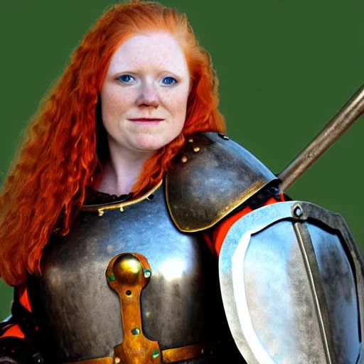 Image similar to dwarven woman, ginger hair, green eyes, holding hammer and shield with plate armour