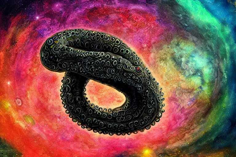 Image similar to a giant lovecraftian tentacle creature gripping a black hole, digital art, photorealistic, vivid colors, highly detailed, intricate