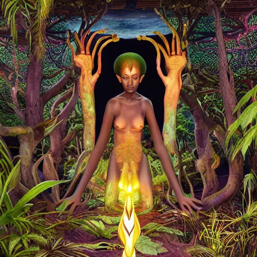 Image similar to symmetry!!, corpse of an african moon goddes deep inside a temple overgrown with vegetation, by casey weldon and chie yoshii and amanda sage, global illumination, radiant light, god rays, bokeh, digital illustration, cg society, unreal engine 5, ray tracing