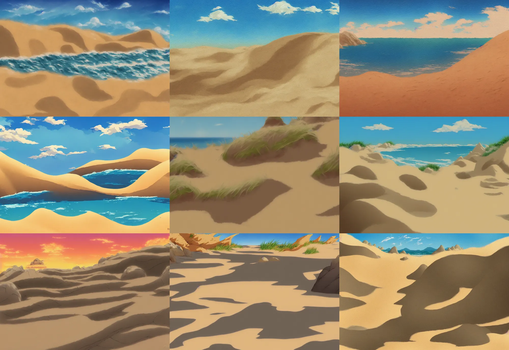 Prompt: sandfalls on rocks and dunes, anime background painting