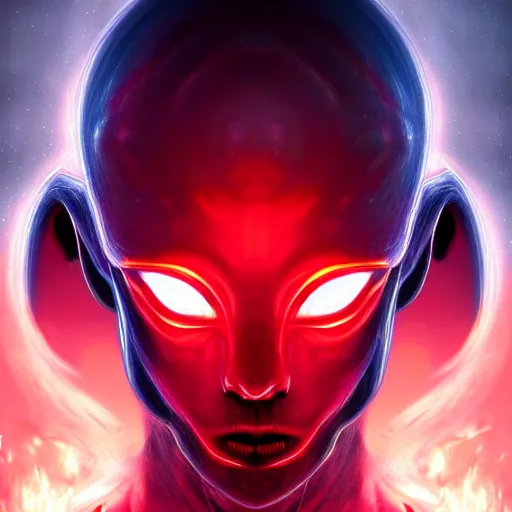 Prompt: portrait of realistic alien with horns. red eyes, human eyes, background flames, sci - fi, tech wear, volumetric lighting, intricate, elegant, highly detailed, digital painting, artstation, concept art, film noir - h 7 0 4