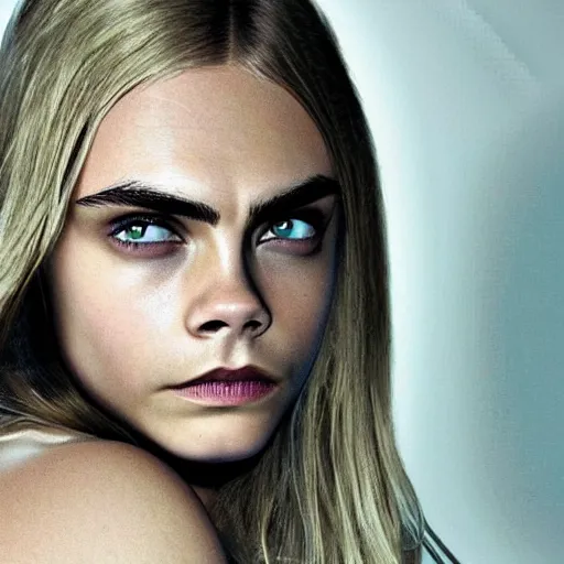 Image similar to Cara Delevingne with thin eyebrows, without makeup, she has thin eyebrows, as a character in skyrim
