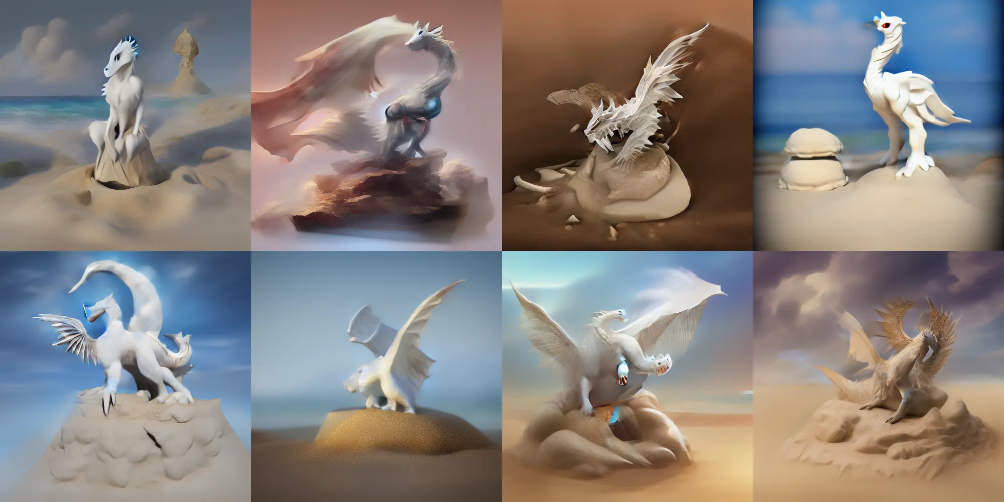 Prompt: a miniature white dragon perched on a sand castle at the beach by Xiaodi Jin, trending on ArtStation