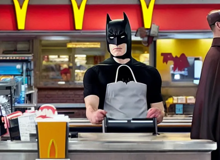 Prompt: film still of Batman working as a cashier at McDonalds in the new batman movie, 4k