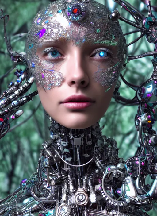 Image similar to beautiful female robot covered by plants and crystals in the mystical forest, beautiful symmetrical face, chrome parts, opal crystals, renaissance style, cyber punk, sci - fi, filigree jewellery, baroque, cinematic light, mystical shadows, 8 k, octane render