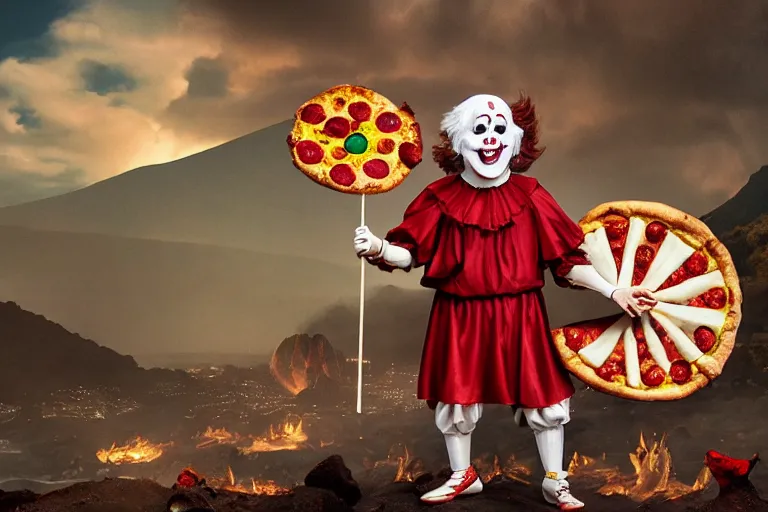 Prompt: pennywise as pulcinella!!! holding a pizza! with vesuvius in the background, glowing pools of lava, cloudy sky, an ultrafine detailed painting by joe fenton, full body, wide angle, post - apocalyptic feel, big depth of field, 3 d octane render, 4 k, perfect symmetrical face, masterpiece, hyperrealistic, trending on deviantart