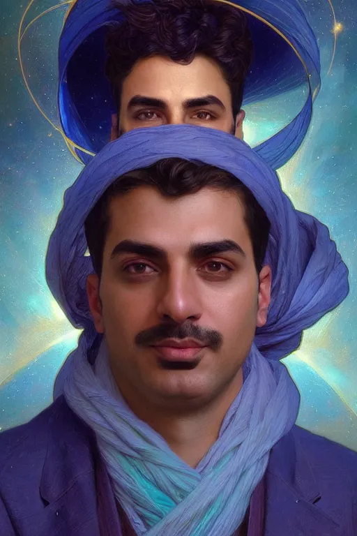 Image similar to portrait of a Persian architect and astronomer, handsome man, heroic pose, Turquoise colors, dramatic lighting, volumetric lighting, intricate, highly detailed, digital painting, artstation, concept art, smooth, sharp focus, illustration, art by artgerm and greg rutkowski and alphonse mucha, footage from space camera