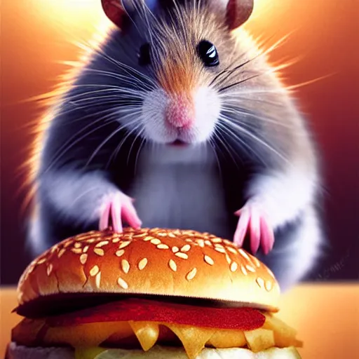 Prompt: a hamster eating a hamburger on a giant building,photorealiatic,hyperdetailed,hyperrealistic,studio lighting,studio photography,professional photography,professional lighting,detailed face,3 point lighting,4k,detailed face,hyperdetaiped,photorealistic,art by greg rutkowski,digital art