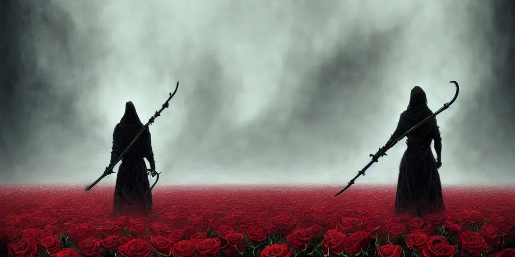 Image similar to poster style, a beautiful and terrifying painting with high details of a panoramic view of a reaper holding a long sickle, with red fluid white roses in the foreground, movie atmosphere, movie lights, 8 k, light effect, rtx on, trending on artstation, by kilian eng, lee madgwick, bastien lecouffe - deharme