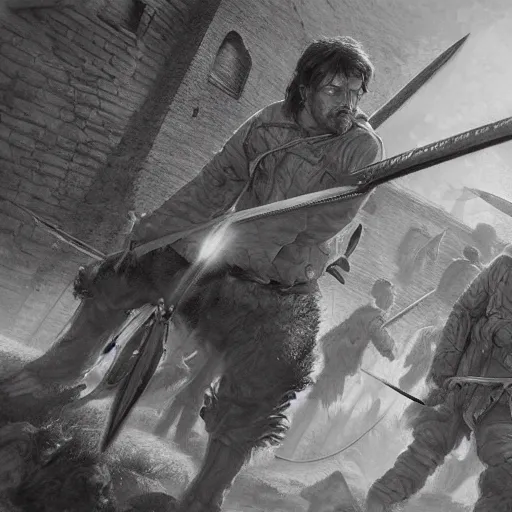 Prompt: close up of biggest sword fight ever, pencil sketch, realistic shaded, fine details, realistic shaded lighting poster by greg rutkowski