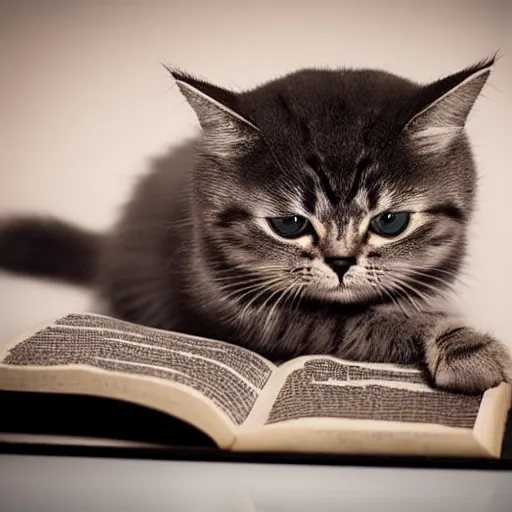 Image similar to adorable cat reading the bible, award winning dslr photography, studio lighting