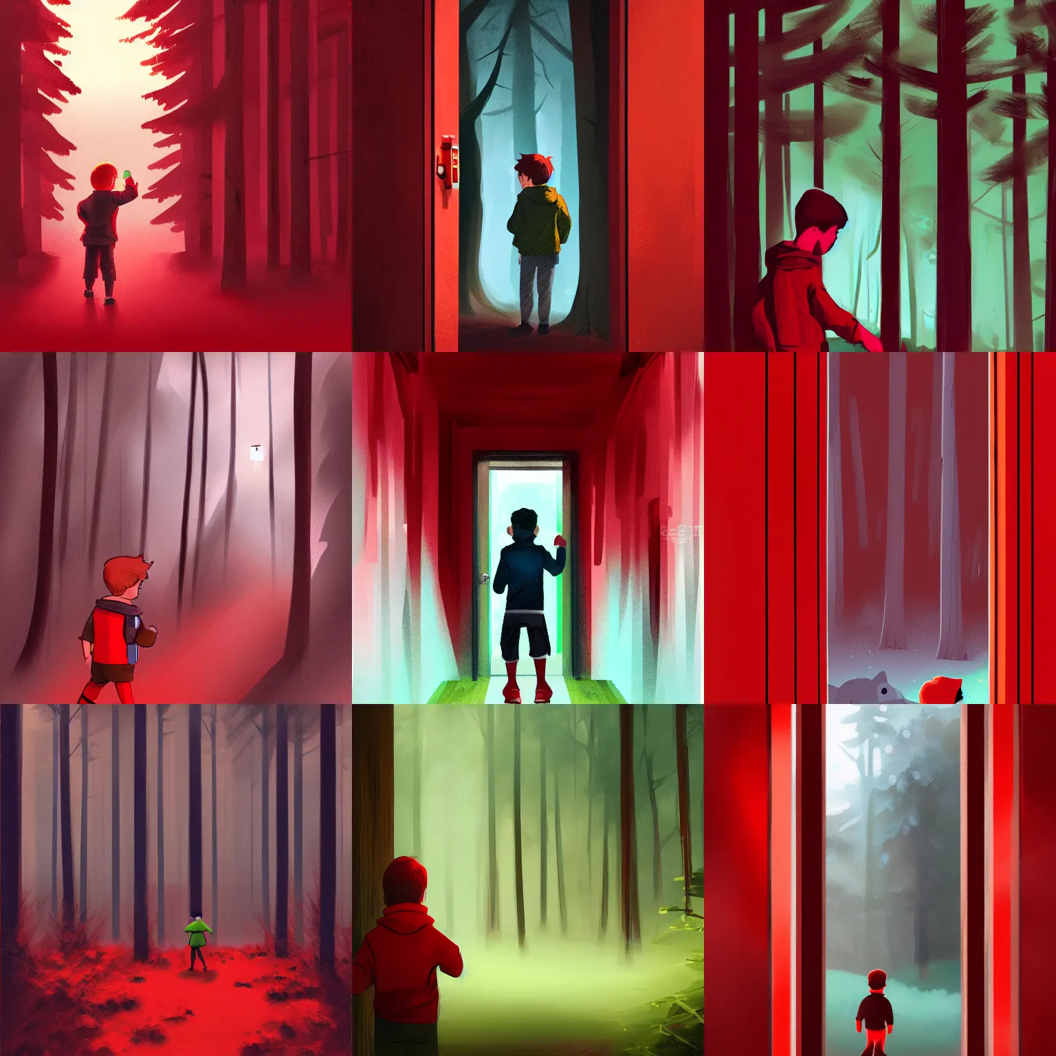 Prompt: boy in red knock the door of a cabine in a forest, detailed, strong lighting, by [ aenami, alena ], trending on artstation