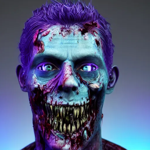 Prompt: zombified purple human with blue and red jewels in his skin. portrait by blinx. background is an organic forest. digital art. 4 k octane render.