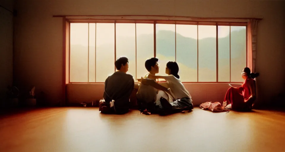 Image similar to 1 9 9 3, disposable camera, flash, pov, wide shot of asian couple hugging at each other, sitting in rural living room, group of mechanical fans placing around the room, day light, high details, octane render, realistic