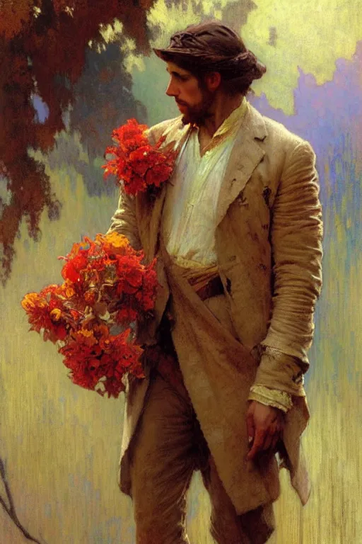 Prompt: attractive man holding flowers, painting by gaston bussiere, craig mullins, greg rutkowski, alphonse mucha