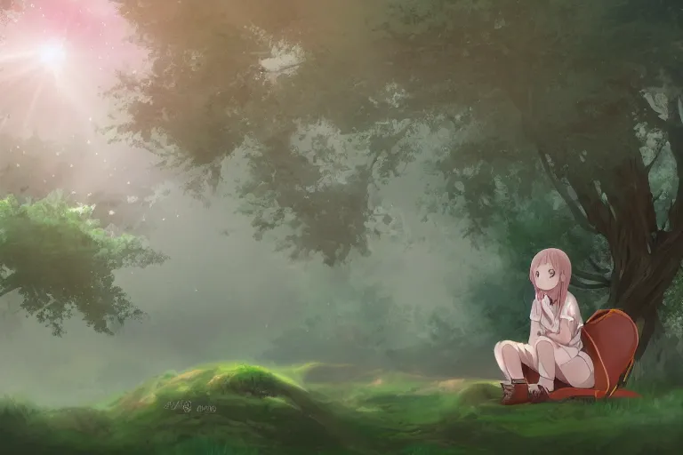 Prompt: a beautiful anime girl sitting in the forest, clouds, green lighting, misty, foggy, early morning, digital art,