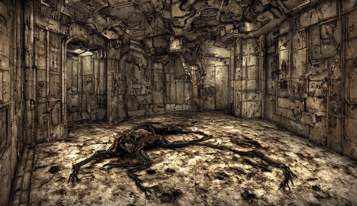 Image similar to disfigured necromorph being crawling in the spacecraft hallway, rusty and dirty interiors, highly realistic and intricate, ominous, dark surroundings