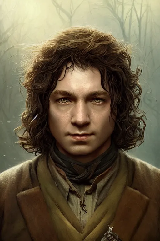 Prompt: A beautiful digital painting of a male hobbit ranger, symmetrical close-up portrait, intricate, cinematic lighting, highly detailed, digital painting, Artstation, concept art, smooth, sharp focus, illustration, art by Tom Bagshaw, Artgerm and Greg Rutkowski