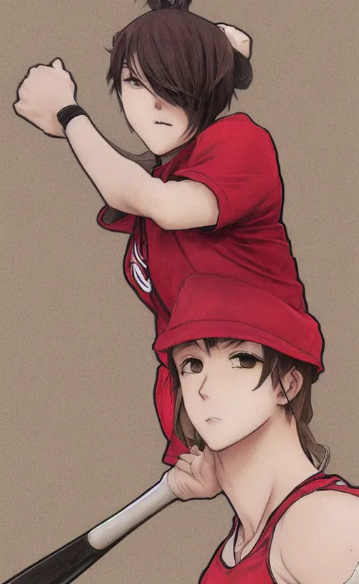 Image similar to anime style, female baseball player, red sport clothing, realistic anatomy, launching straight ball, brown short hair, hair down, symmetrical facial features, from arknights, hyper realistic, rule of thirds, extreme detail, 4 k drawing, safebooru, realistic lighting, by alphonse mucha, greg rutkowski, sharp focus, backlit