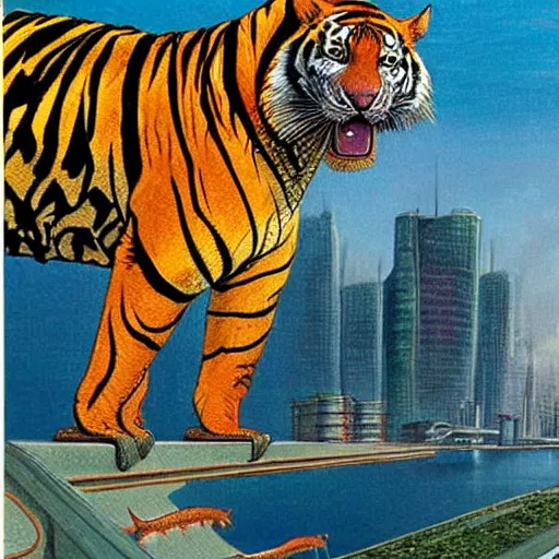 Prompt: a hybrid animal half crocodile and half tiger, futuristic city scape, rule of thirds, painting by moebius