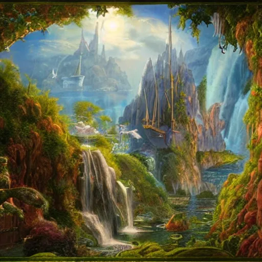 Image similar to realistic detailed view of neverland by terance james bond, russell chatham, greg olsen, thomas cole, james e reynolds, photorealistic, fairytale, art nouveau, illustration, concept design, storybook layout, story board format