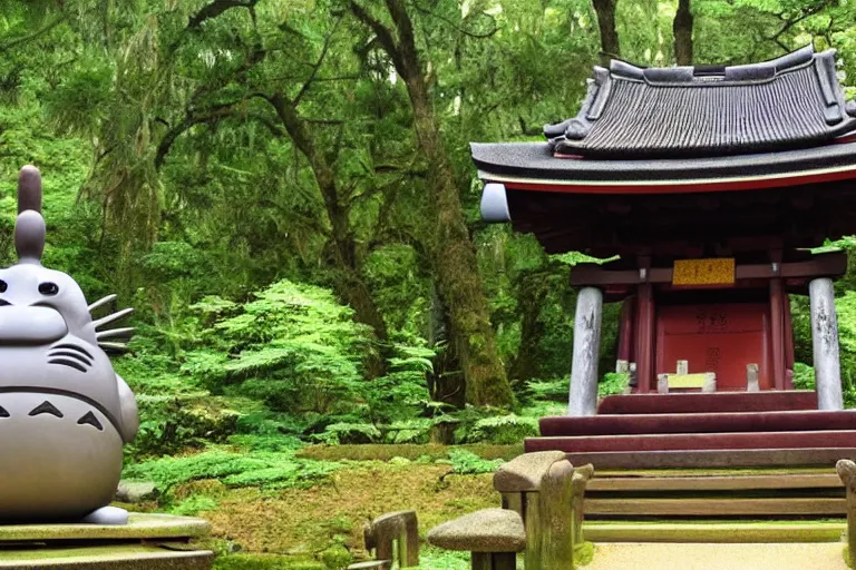 Image similar to shinto shrine statue of totoro in a wooden shrine