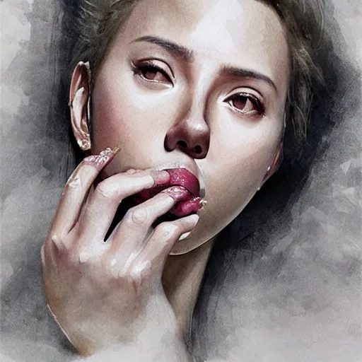 Image similar to dynamic composition, motion, ultra-detailed, incredibly detailed, a lot of details, amazing fine details and brush strokes, colorful and grayish palette, smooth, HD semirealistic anime CG concept art digital painting, watercolor oil painting of Scarlett Johansson eating a big mac, by a Chinese artist at ArtStation, by Huang Guangjian, Fenghua Zhong, Ruan Jia, Xin Jin and Wei Chang. Realistic artwork of a Chinese videogame, gradients, gentle an harmonic grayish colors