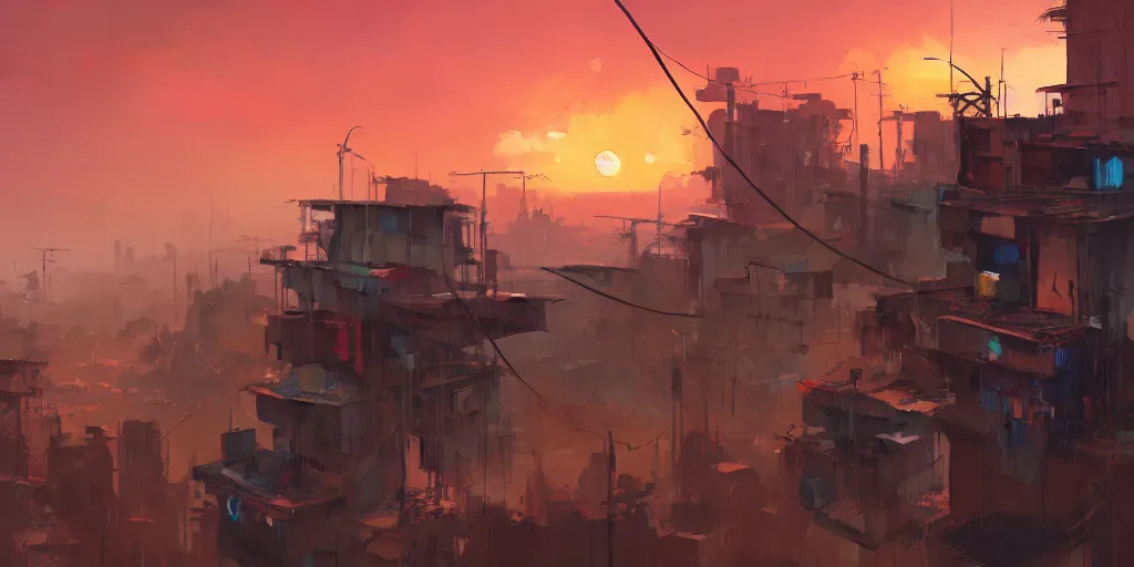 Image similar to Ian McQue Lee painting of a cyberpunk African favela, hazy sunset with dramatic clouds, asymmetrical, trending on Artstation, High quality image