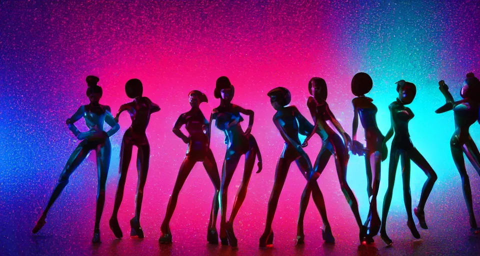 Image similar to silhouettes of dancing holographic girls, futuristic, in the style of Pixar animation, very low angle view, 16mm lens, award winning, hyper detailed, dramatic lighting, artstation, octane renderer, unreal engine